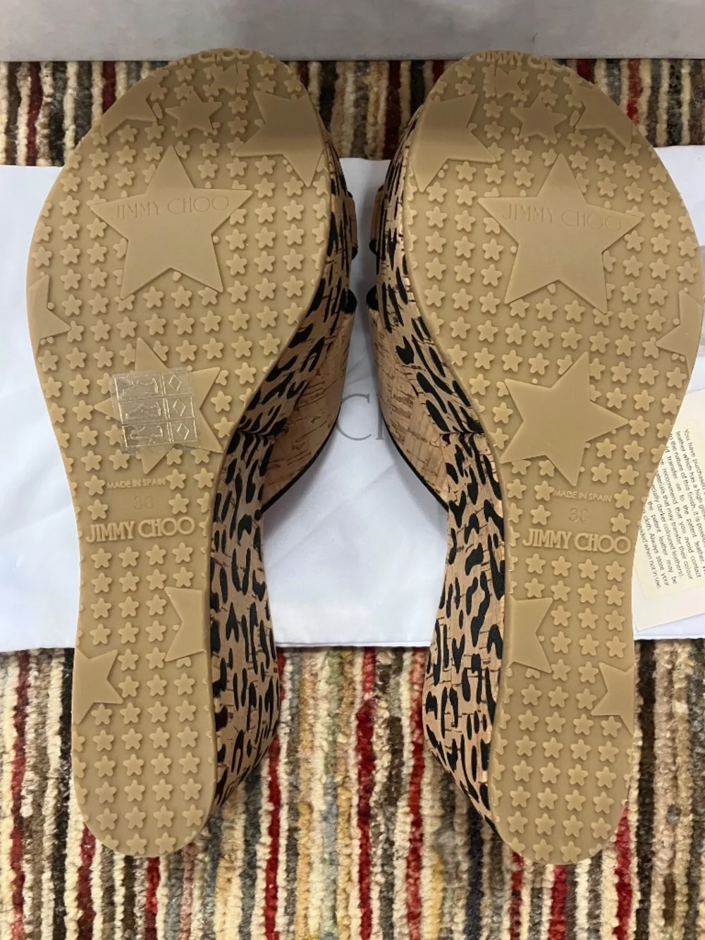 NEW Jimmy Choo USA 7 - Open Toe, Nude with Black Leopard Print, Cork Wedges